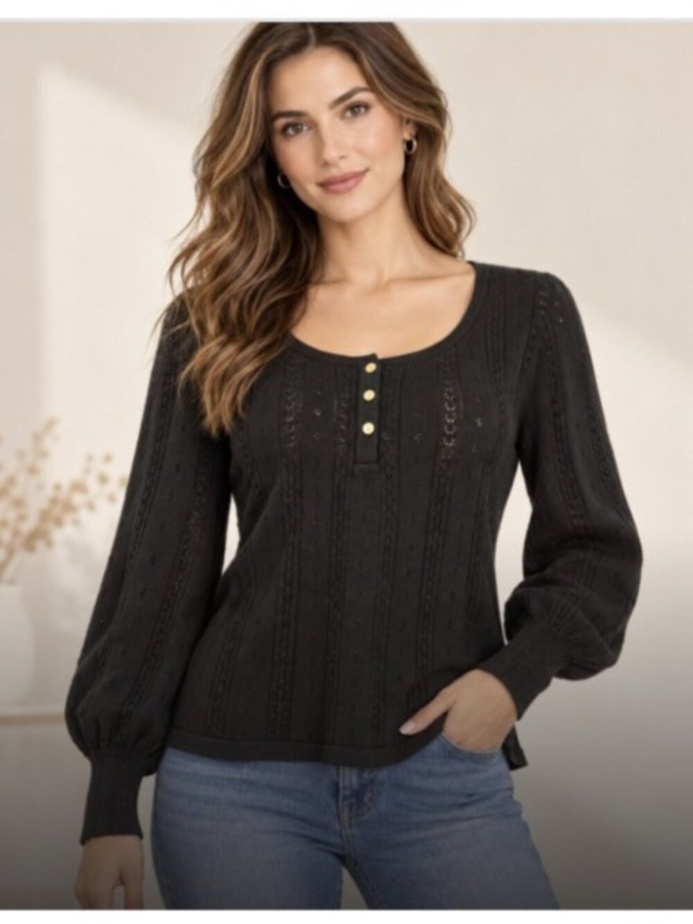Tuckernuck Sweater Large Black 100% Cotton Soft Knit Balloon Sleeve Preppy NEW